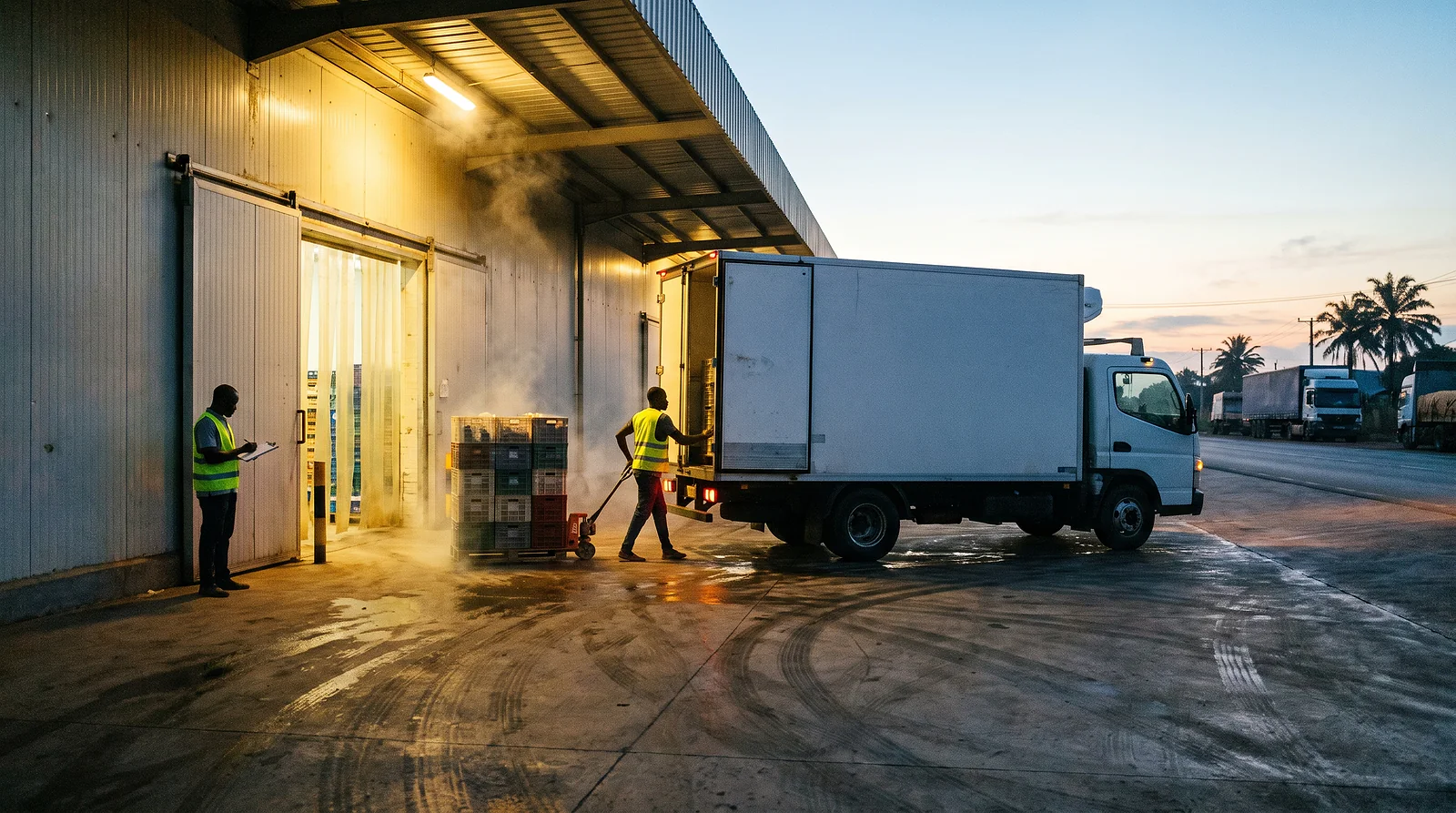 A refrigerated truck loading at first light