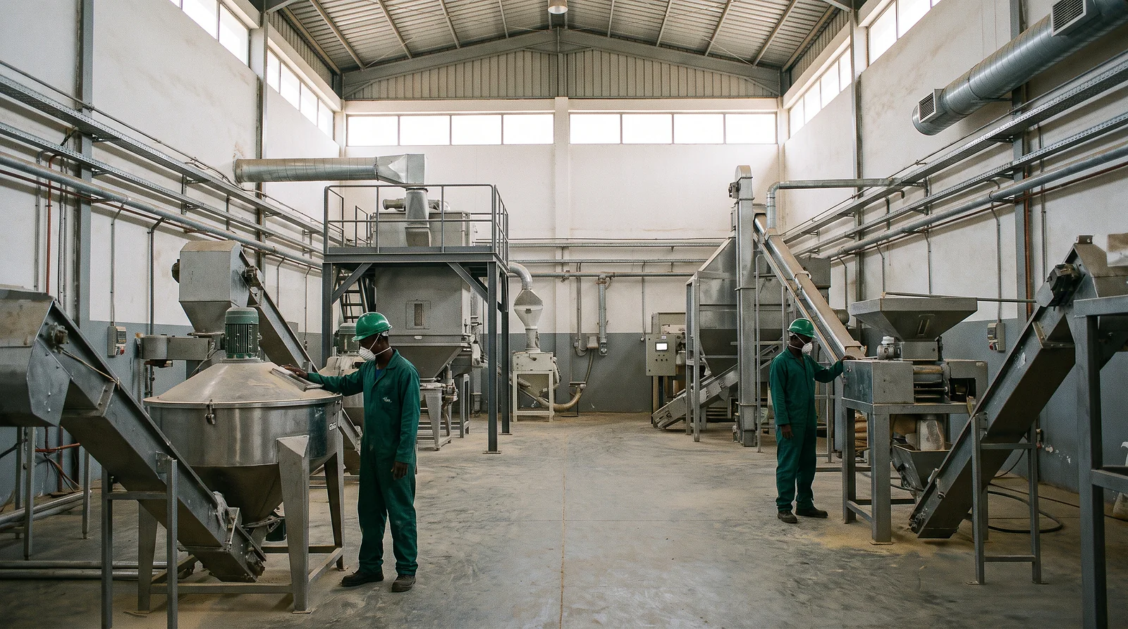Operators at a feed mill line