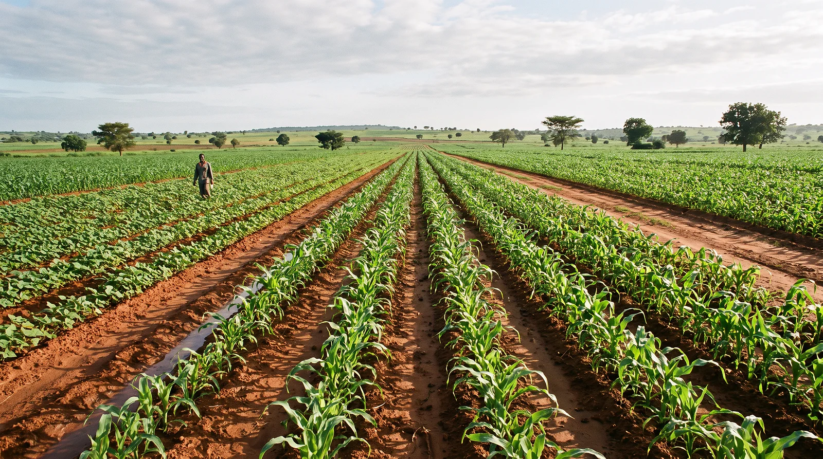 Rows of young maize running to the horizon